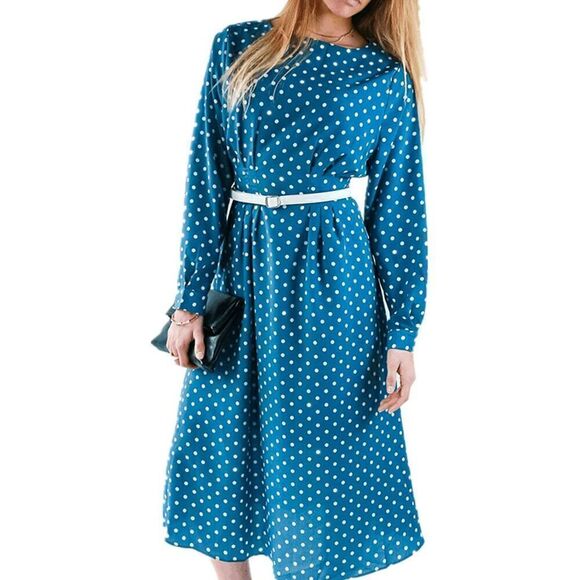 💙 NWT Modest Retro Vintage Polka Dot Long Sleeve Blue Midi Dress SIZE L - Picture 2 of 16